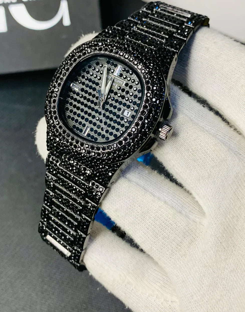 NEW Watch Collection Black Stone / Blacked Iced Out Stain-Less Steel Chain Watch For Mens Fashion (Black Without Box)