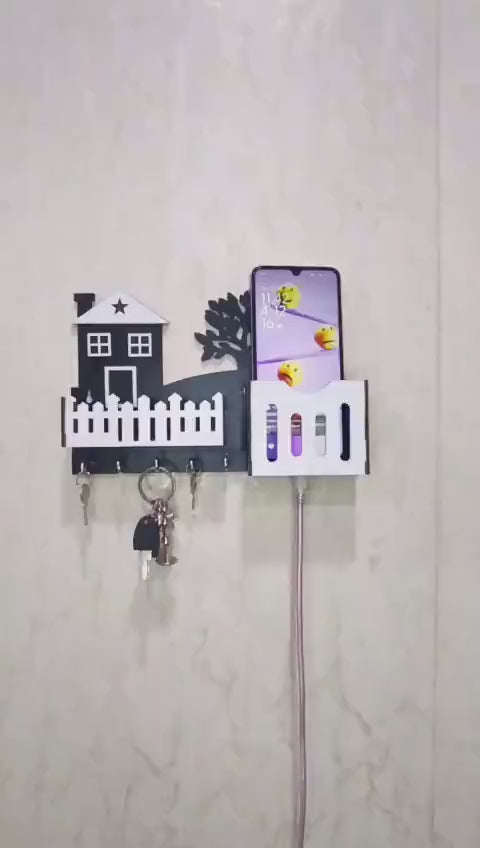 Modern Abstract key and Mobile Holder Black White MDF